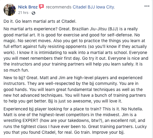 Nick Broz Review Citadel BJJ Iowa City