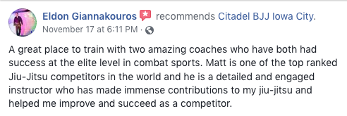Eldon Giannakouros Review - Citadel Brazilian Jiu Jitsu Iowa City