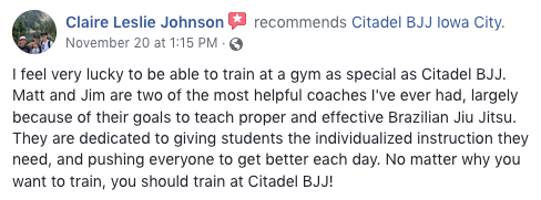 Claire Johnson Review - Citadel BJJ Women Iowa City