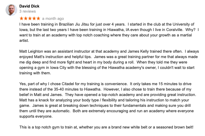 David Dick Review Citadel BJJ Iowa City