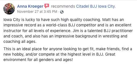 Anna Kroeger Review Citadel BJJ Iowa City
