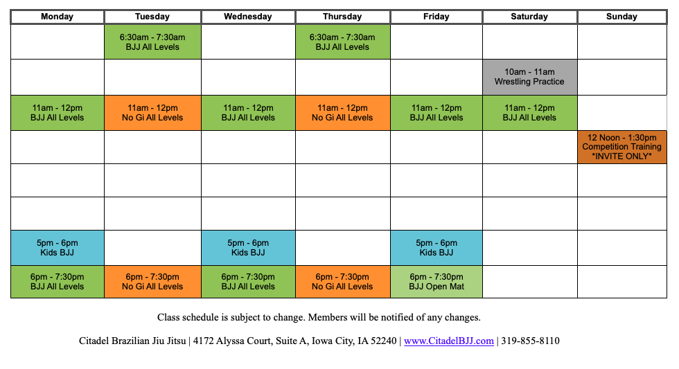 Citadel BJJ Class Schedule