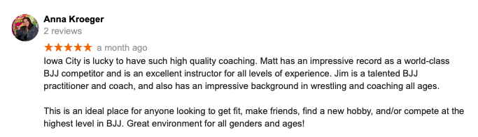 Anna Kroeger Review Citadel BJJ Iowa City