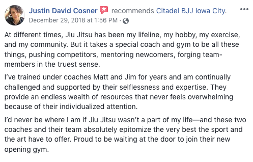 Justin Cosner Review - Citadel Brazilian Jiu Jitsu Iowa City