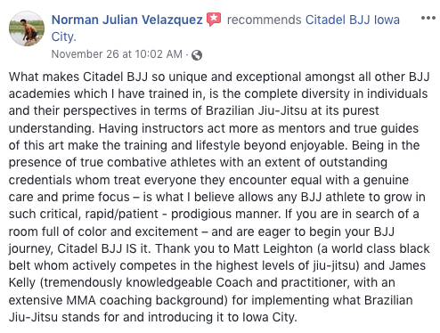 Norman Velazquez Review Citadel BJJ Iowa City